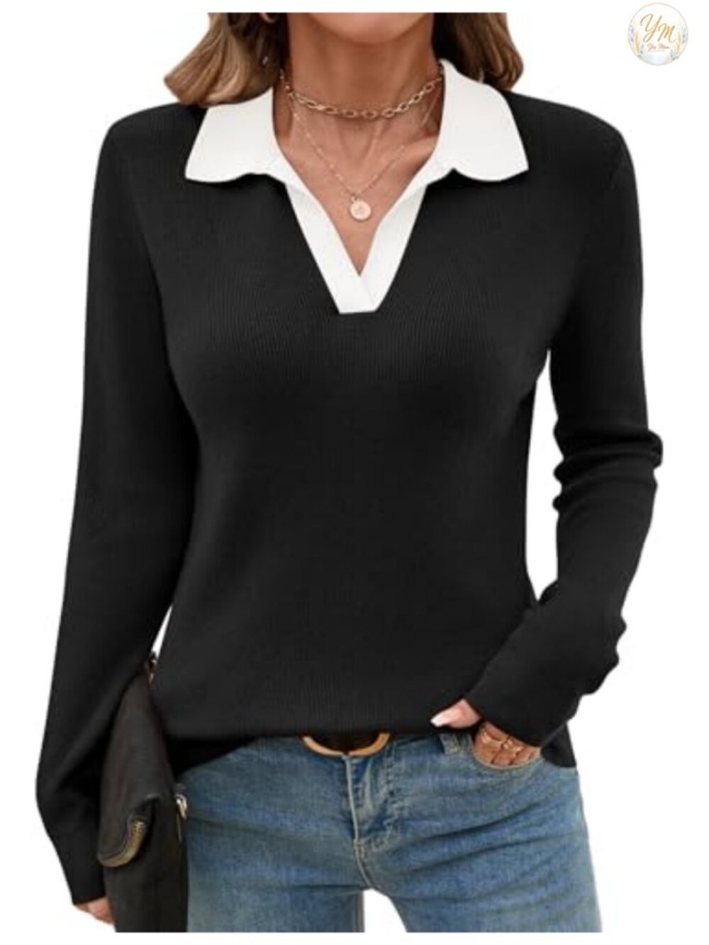 Women's Knitted Collared V-Neck Long Sleeve Polo Sweater Pullover